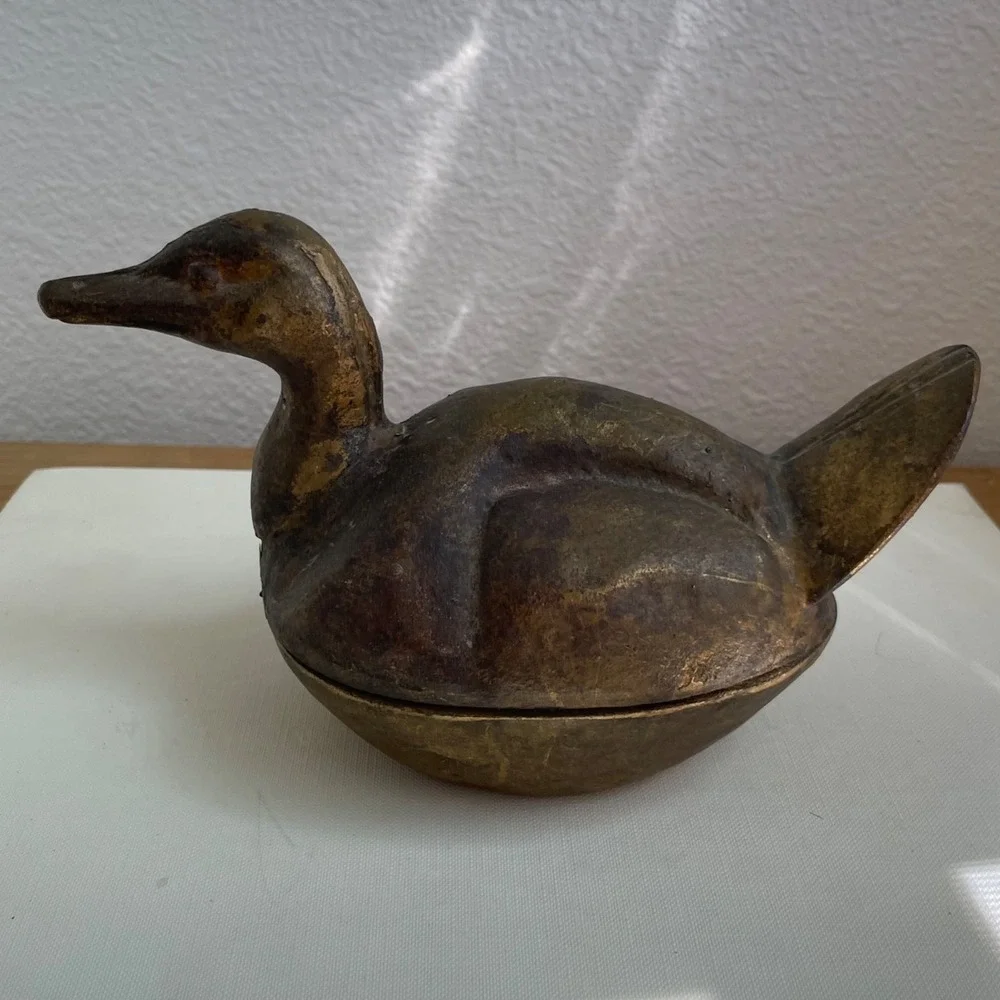 Vintage Brass Duck Trinket Box Metal Bird Figurine Container Japan Mid Century